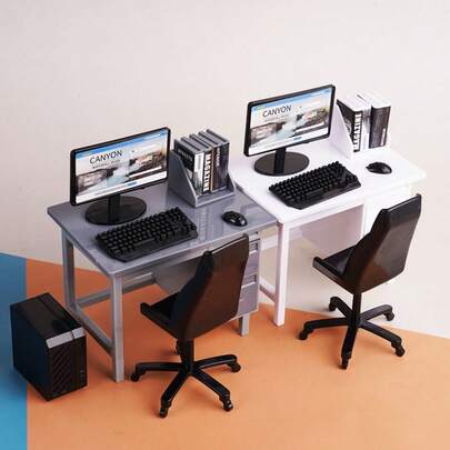 Miniature Office Desk & Computer Set: Realistic Simulation Mini Computer Office Model, Office Scene Simulation, Dollhouse Decor