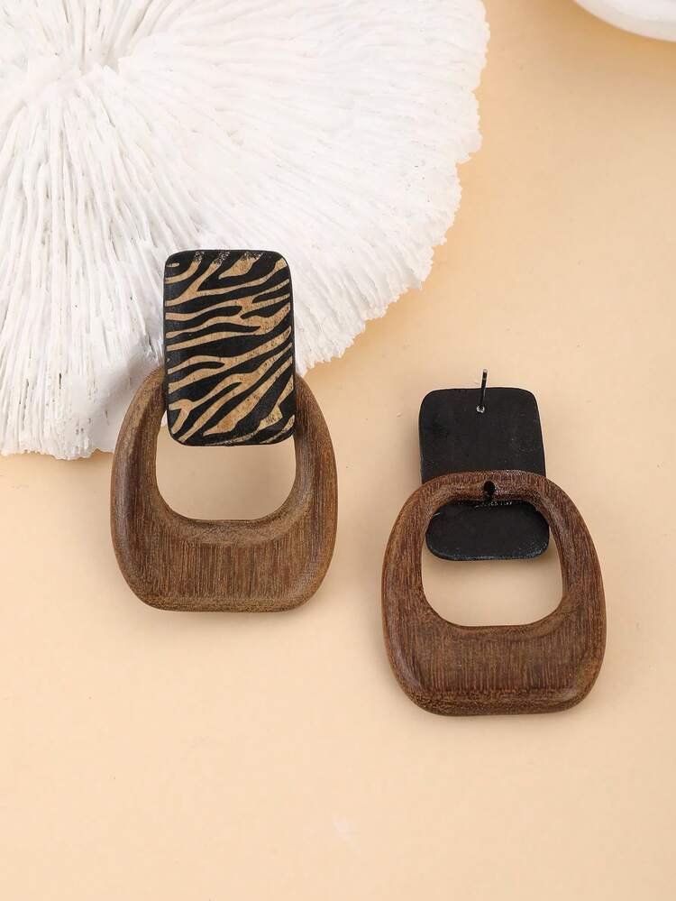 1 Pair Minimalist Hollow Square Precious Wooden Pendant & 3D Wave Textured Wooden Vintage Stud Earrings, Suitable For Vacation, Party And Daily Wear - Coffee - View 4