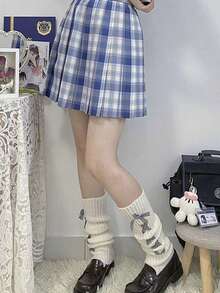 1 par de meias femininas de malha canelada com laço fofo, meias estilo bota formal, meias longas para festa - Multicolorido - Ver 7