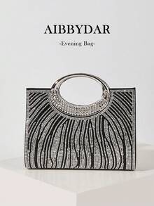 AIBBYDAR Women's Evening Bag, Black Fashion Ladies Handbag With Artificial Diamond Decor, Ring Handle, Suitable For Evening Dress, Portable Cosmetic Bag & Wallet, Detachable Metal Shoulder Strap, For Party, Wedding, Lightweight Polyester, Magnetic Closure - Black - View 1