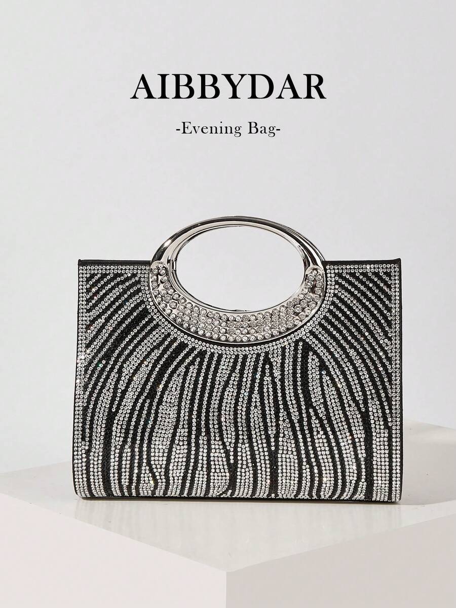 AIBBYDAR Women's Evening Bag, Black Fashion Ladies Handbag With Artificial Diamond Decor, Ring Handle, Suitable For Evening Dress, Portable Cosmetic Bag & Wallet, Detachable Metal Shoulder Strap, For Party, Wedding, Lightweight Polyester, Magnetic Closure - Black - View 1