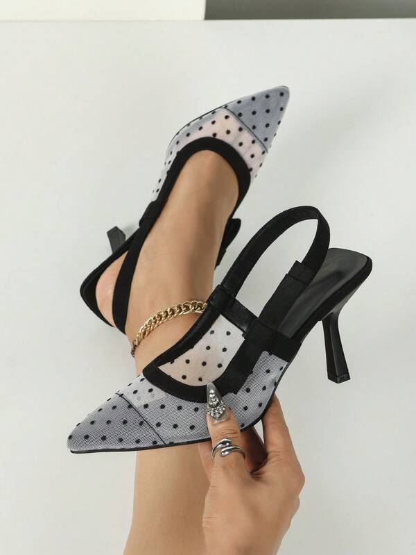 Women's Black Pointed Toe Polka Dot Mesh Slip-On Stiletto High Heels, Fashionable, Elegant, Comfortable And Minimalist