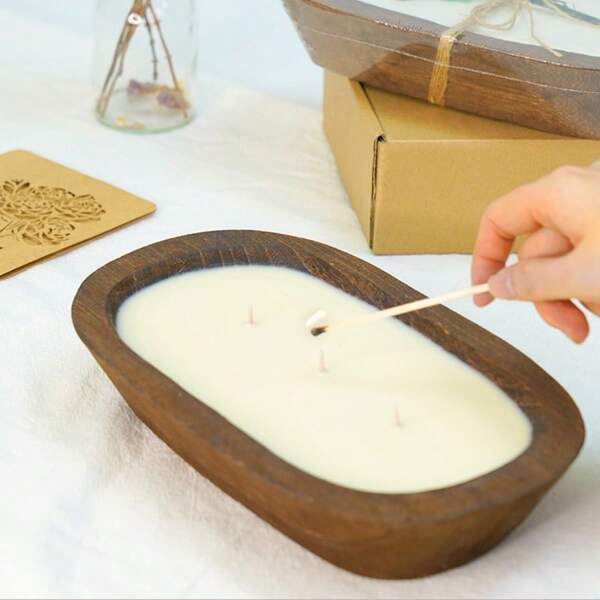 Vela perfumada de 3 mechas en tazón de madera - Regalo, decoración del hogar, meditación, lectura en la oficina - Aprox. 570g - Tiempo de quemado aprox. 35 horas - Lavanda, ámbar y musgo, hierbas, té verde y azahar