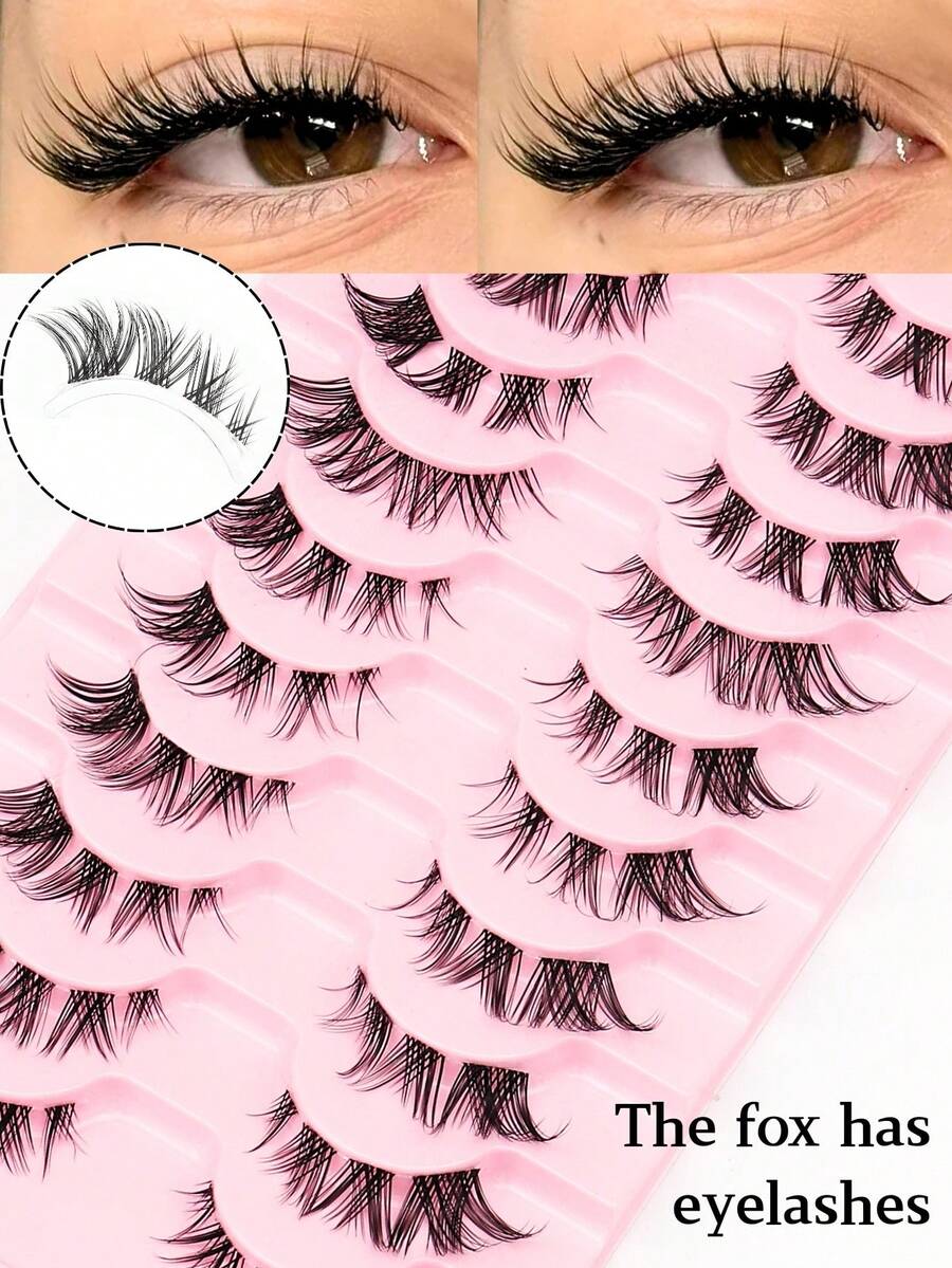 10 Paar Fuchsstil diagonal fliegende Kunstwimpern, simulieren Natur, vergrößern Ihre Augen, natürliches Kräuseln und deutliche Wurzeln, transparenter Wimpernansatz, können bei verschiedenen Anlässen verwendet werden, besonders geeignet für Anfänger