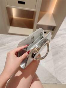 1件歐美時尚金屬裝飾迷你手拿包，高端亮面金屬條手持女款包，優雅奢華晚宴包，適合正式禮服，PU皮革派對包/浪漫婚禮手拿包/舞會包/雞尾酒會包，適用於學校舞會，附金屬鏈條 - 銀色 - 查看 6