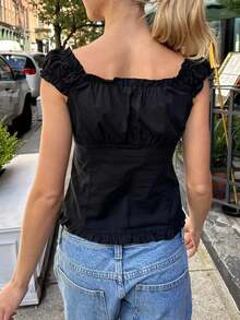 Women's Button Down Tops Fashion Cap Sleeve Solid Color Slim Fit Frill T-Shirts Summer Blouses - Black - View 7