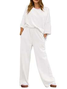 Fisoew Women Two Piece Lounge Set Casual 34 Sleeve Tunic Top And Wide Leg Pants Cozy Fall Outfits Y2K Matching Sets Soft Travel Loungewear Breathable Jogger Suit - 白色 - 查看 3