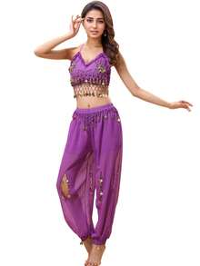 2 Pieces Prom Party Line Dance Costume For Women Belly Dance With Coin Embellished Open-Hole Loose Pants (Includes Breast Pads)