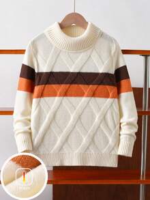 Boys' Contrast Color Striped Sweater, Argyle Knit Turtleneck Pullover, Suitable For School, Everyday Wear, Spring, Autumn, Winter - Apricot - View 1
