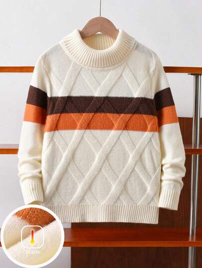 Boys' Contrast Color Striped Sweater, Argyle Knit Turtleneck Pullover, Suitable For School, Everyday Wear, Spring, Autumn, Winter
