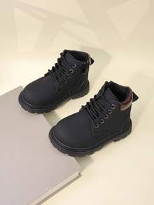 1 Pair Black Toddler/Kids Short Boots, Soft Suede PU Material, Front Lace-Up, Side Zipper, Round Toe, Soft Sole, Retro British Style, Warm & Cute, Suitable For Boys & Girls Everyday/School Wear, Autumn/Winter New - Black - View 8