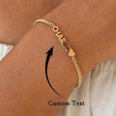 1Pc Personalized Customized Name Bracelets,Gold Stainless Steel Heart-Shaped Tag Bracelet, Customized Jewelry Gift For Couples, Christmas Gift, Valentine'S Day Gift For Boyfriend Or Girlfriend