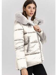 Plain    Casual    Zipper  Pocket  Contrast Faux Fur