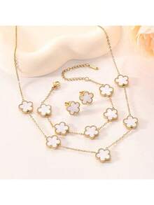 18K Stainless Steel 5-Bead Jewelry Set: Earrings, Bracelet, Necklace, Non-Fading, Women Accessories - Flower - View 10