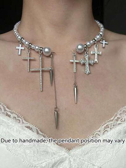 1pc Cross Studded Tassel Pearl Choker, Multi-Color Gothic Style Suitable For Women Party And Daily Wear