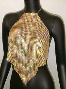 Women's Metallic Chain Rhinestone Necklace Strap, Shiny And Suitable For Music Festivals, Carnivals, Parties For Rave