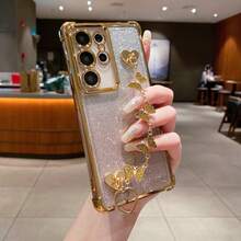 (带屏幕保护膜) (蝴蝶手链) 1 件极简主义手机壳，太空级防摔/TPU 硅胶软边豪华保护套，带防尘孔，厚边，兼容三星 Galaxy S24 Ultra/S24 Plus/S24/S23 Ultra/S23 Plus/S23/S22 Ultra/S22 Plus/S22/S21 Ultra/S21 Plus/S21 FE/S23 FE/S20 Ultra/S20 Plus/S20 FE 和支架电镀 + TPU 硅胶软边全覆盖女士/男士高端保护壳，适用于 OPPO