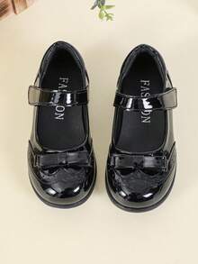1 Pair Fashionable Solid Color Cute Bow Accent Flat Shoes, Suitable For School, Commuting, All Seasons - glossy black - View 3