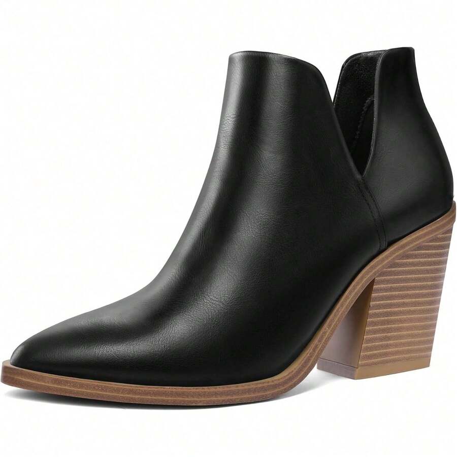Women's Slip-On Ankle Boots – Cutout Pointed Toe Chunky Mid Heel Booties For Casual, Work & Daily Wear - 黑浦 - 查看 1