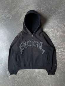 Y2K Street Double Hat Oversized Hoodie Black Full Face Mask Zip Hoodie With Embroidery - 黑色 - 查看 1
