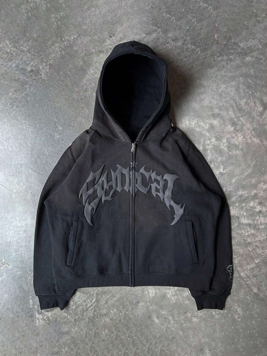 Y2K Street Double Hat Oversized Hoodie Black Full Face Mask Zip Hoodie With Embroidery - 黑色 - 查看 1
