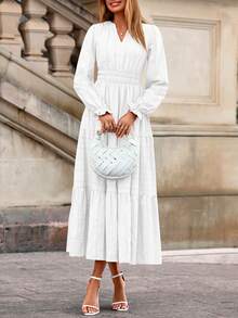 Women's  Fall Wedding Guest Dresses Long Sleeve V Neck Flowy Elegant Holiday Party Maxi Dress With Pockets - 白色 - 查看 5