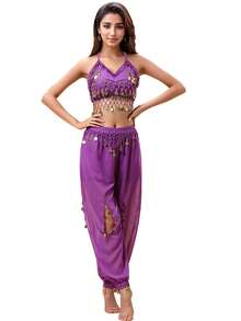 2 Pieces Prom Party Line Dance Costume For Women Belly Dance With Coin Embellished Open-Hole Loose Pants (Includes Breast Pads)