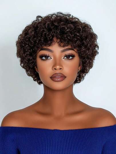 Short Culry Human Hair Wig 5 Inch #4 Color For Women Pixie Cut Wig Brazilian Hair 150% Density Full Machine Made