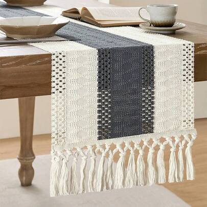 1 件波西米亚流苏桌旗，全新日常餐桌和派对桌旗 - 农舍鼠尾草绿条纹，纯色柔和桌布旗帜，涤纶编织矩形桌面装饰，适用于餐厅、卧室、节日、厨房、派对