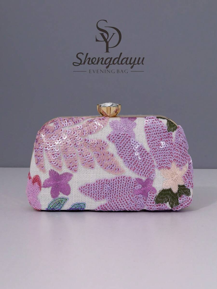 1 Túi xách nữ họa tiết hoa mới, Túi dạ hội thêu hoa sequin tím cổ điển mới năm 2025, Thích hợp cho các cô gái tiệc tùng, cô dâu, cặp đôi mới cưới và các cô gái văn phòng, tiệc khiêu vũ, đám cưới, túi hộp nhỏ (Hoa văn ngẫu nhiên), Thích hợp cho công việc, chuyến công tác, dã ngoại, đi làm - Màu tím - Xem 1