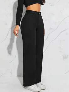 Mezclilla Talla Grande para Mujer Cintura Alta Elásticos Larga Duración Jeans de pierna ancha de ajuste relajado de cintura alta para mujer - Negro - Ver 2