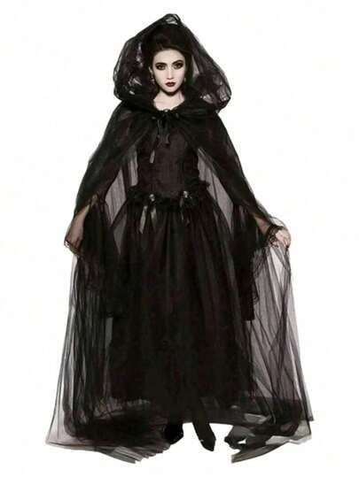 1 pieza Chal de novia blanco/negro, Bruja, Vampiro Disfraz de Cosplay, Capa de doble capa para Halloween, Disfraz de fiesta de terror Ropa de otoño para mujer