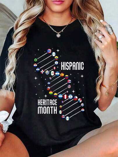 Camiseta de la Semana Nacional de la Herencia Hispánica Dna Latino Nacionalidades Cuello Redondo Manga Corta Camiseta Gráfica para Mujeres y Hombres