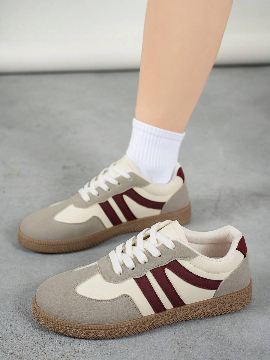 Women's Versatile Preppy Style Sneakers, Flat Non-Slip Lace-Up Round Toe Rubber Sole Casual Shoes, Available In Burgundy, Black, Khaki Color-Block, Suitable For Daily Wear, Casual Shoes, Size 36-41, Fashion - Burgundy - View 1