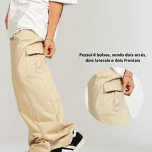 Calça Cargo Bege larga masculina estilo baggy hiphop streetwear - Bege - Visão 3