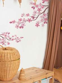 1PC/2pcs Removable PVC Wall Decals – [Pink Peach Blossom Branches, Green Plants, Cherry Blossom Birds]Self-Adhesive Waterproof Wall Stickers For Home Decor, Room Decor, Wall Decor, And Kitchen – Easy To Apply, Ideal For Living Room, Bedroom, Or Office