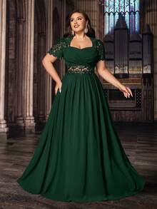 QOQ Elegancka suknia wieczorowa w dużych rozmiarach, elegancka, na przyjęcie urodzinowe, kolację, wesele, z koronką i bufiastymi rękawami, z szyfonu, na Walentynki - Ciemnozielony - Zobacz 1