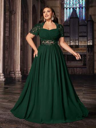 QOQ Ädel Plusstorlek Dam Marinblå Formell Klänning Elegant Aftonklänning Festklänningar För Födelsedagsfest, Middagsfest, Bröllopsgäst Spets Puffärmad Chiffonklänning