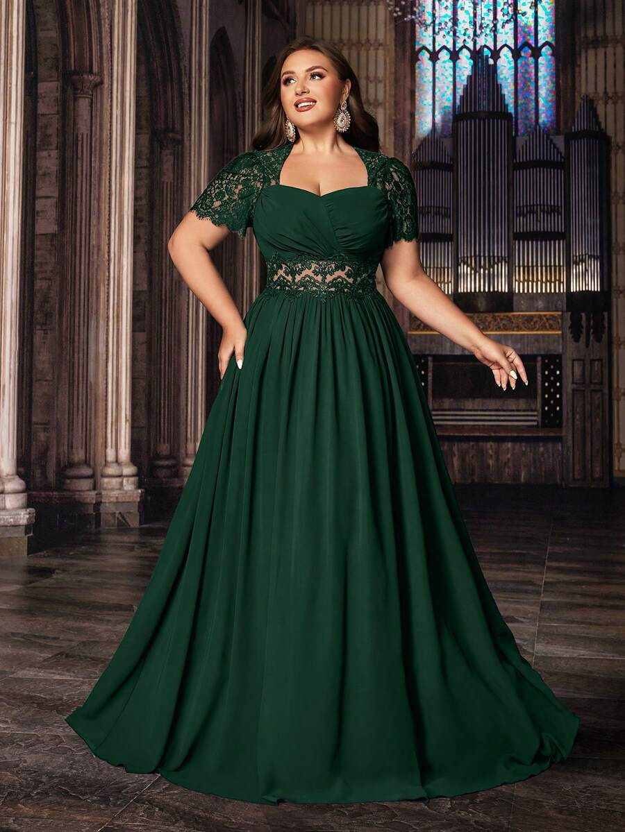 QOQ Elegancka suknia wieczorowa w dużych rozmiarach, elegancka, na przyjęcie urodzinowe, kolację, wesele, z koronką i bufiastymi rękawami, z szyfonu, na Walentynki - Ciemnozielony - Zobacz 1