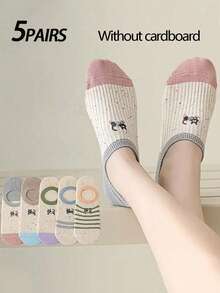 5 双女式内衬/隐形袜，白猫条纹刺绣，时尚可爱又有趣，百搭休闲日常穿着，柔软舒适吸湿排汗，适合返校 - 彩色 - 查看 4