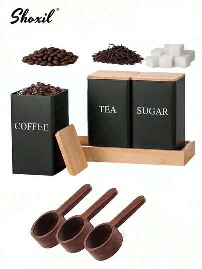 shoxil Juego de tarros de almacenamiento de cocina, juego de tarros para café, té y azúcar, tarros de almacenamiento de cocina blancos/negros con tapas, tarros de almacenamiento de alimentos con cucharas de bambú, cucharas de nuez, juego de tarros de almacenamiento de cocina de metal vintage con tapas herméticas, tarros de almacenamiento de alimentos para café, té, azúcar, organización de cocina, comedor, sala de estar, sala de té, regalo para amigos y familiares, Día Nacional de Arabia Saudita