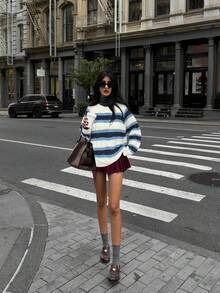 VIBEWAVE modischer, locker sitzender, lässiger gestreifter Rundhals-Pullover mit Langarm für Frauen, Neuheit für den Herbst - Verschiedenfarbig - Übersicht 3