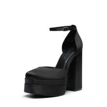 Women High Chunky Platform Closed Toe Block Heels Square Toe Ankle Strap Dress Wedding Party Prom Pumps Shoes Halloween Christmas Fall - Black-satin - View 4