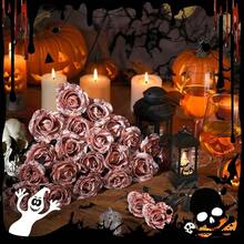 20 Pcs Black, Purple, Red Artificial Roses And 28 Black Eucalyptus Stems Halloween, Silk Flowers With Bendable Stems, Gothic Wedding Bouquet, Haunted House Decor - Blood White - View 7