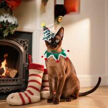 宠物圣诞针织套装、猫咪帽子围脖、小型犬节日照片服装、宠物装扮用品 - 彩色 - 查看 3