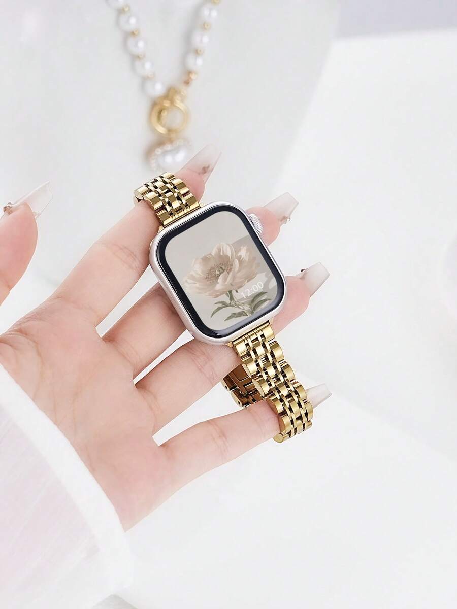 1pc Women's Thin Stainless Steel Gold Watch Band, Compatible With Apple Watch Series 11/10/9/8/7/6/5/4/3/2/1, Size 38mm/40mm/41mm/42mm/44mm/45mm/46mm/49mm, Suitable For Ultra 1/2/3/SE, Replaceable For Original Strap, Best Gift For Girlfriend, Friends And Family On Valentine's Day, Birthday And Mother's Day (Band Only) - Gold - View 1