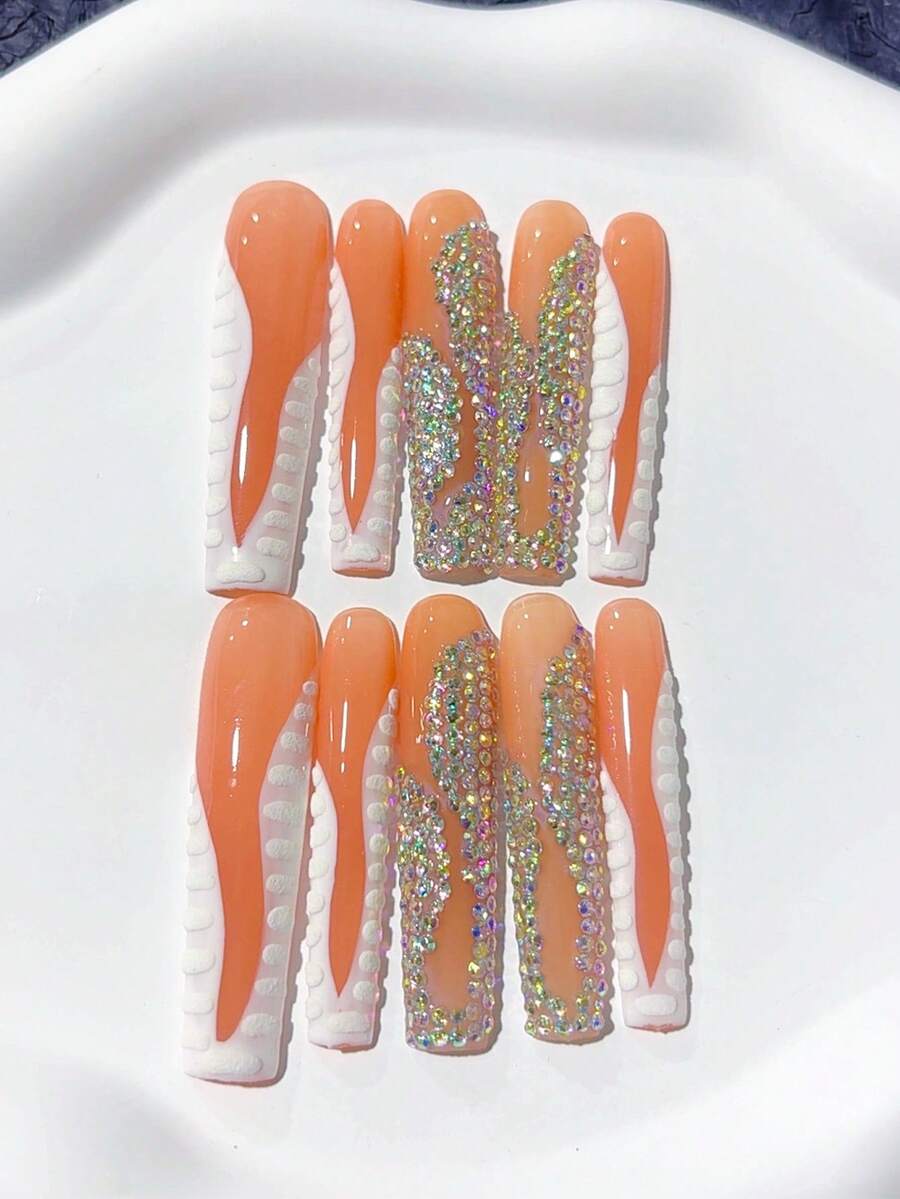 10pcs Y2K Handmade Extra Long Coffin Nude & White Elegant Luxury French Press On Nails, Hand-Painted 3D French Tip, Full Diamond Coverage; Nail Supplies, Acrylic Press On Nails, Homemade Nails, DIY, Nail Art, Acrylic False Nails; Suitable For Vacation, Birthday, Parties, Daily Wear; Includes 1pc Nail Sticker & 1pc Mini File - White - View 1