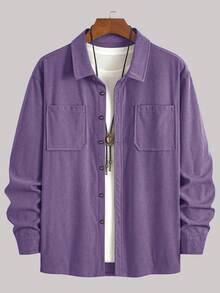 轻盈灯芯绒涤纶男士休闲衬衫外套，翻领纽扣长袖开衫，带双口袋，适合日常休闲、时尚穿搭、通勤、居家舒适及街头穿着。 - 紫色 - 查看 3