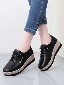 Fashionable Thick Sole Elastic Band Women's Shoes, Foil Print New Craftsmanship Platform Increase Height Make Legs Look Longer, Versatile Chunky Sole Slip-On Casual Shoes - Black - View 7