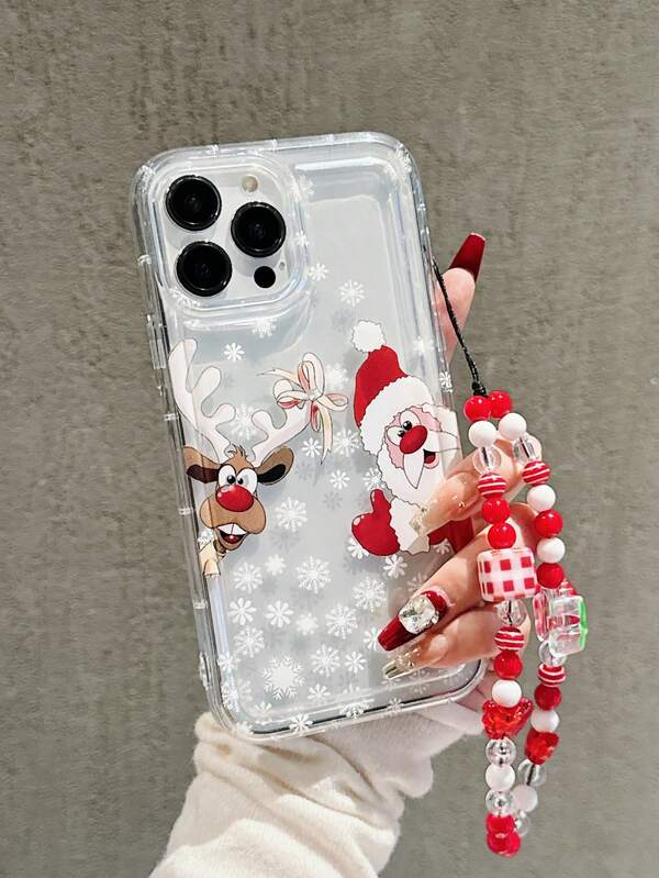 1 Peça Capa de Telefone Transparente à Prova de Choque com Padrão de Papai Noel e Rena, Compatível com iPhone 15 Pro Max, 11/12/13/14 Plus, XR/7/8 Plus, TPU + Cordão com Flor